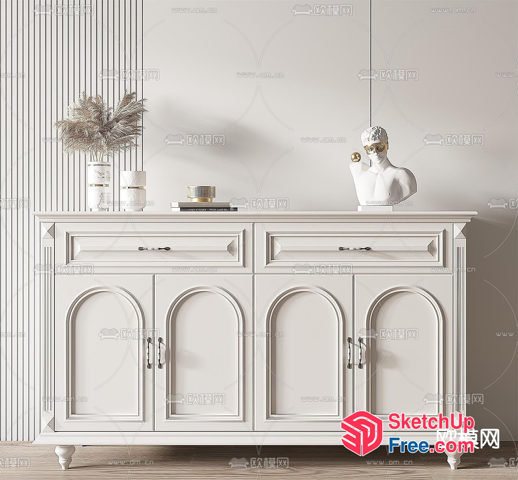 White Sideboard With Arched Doors And Drawers 3D SketchUp File
