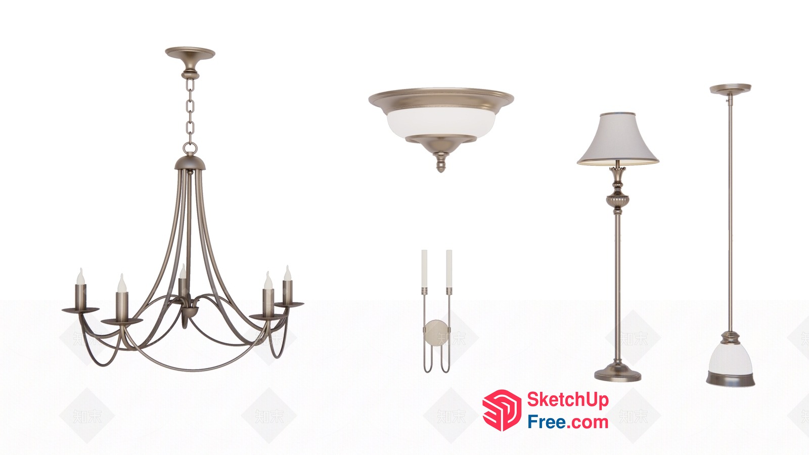 Elegant Silver Chandelier And Matching Ceiling Light Fixtures 3D SketchUp File