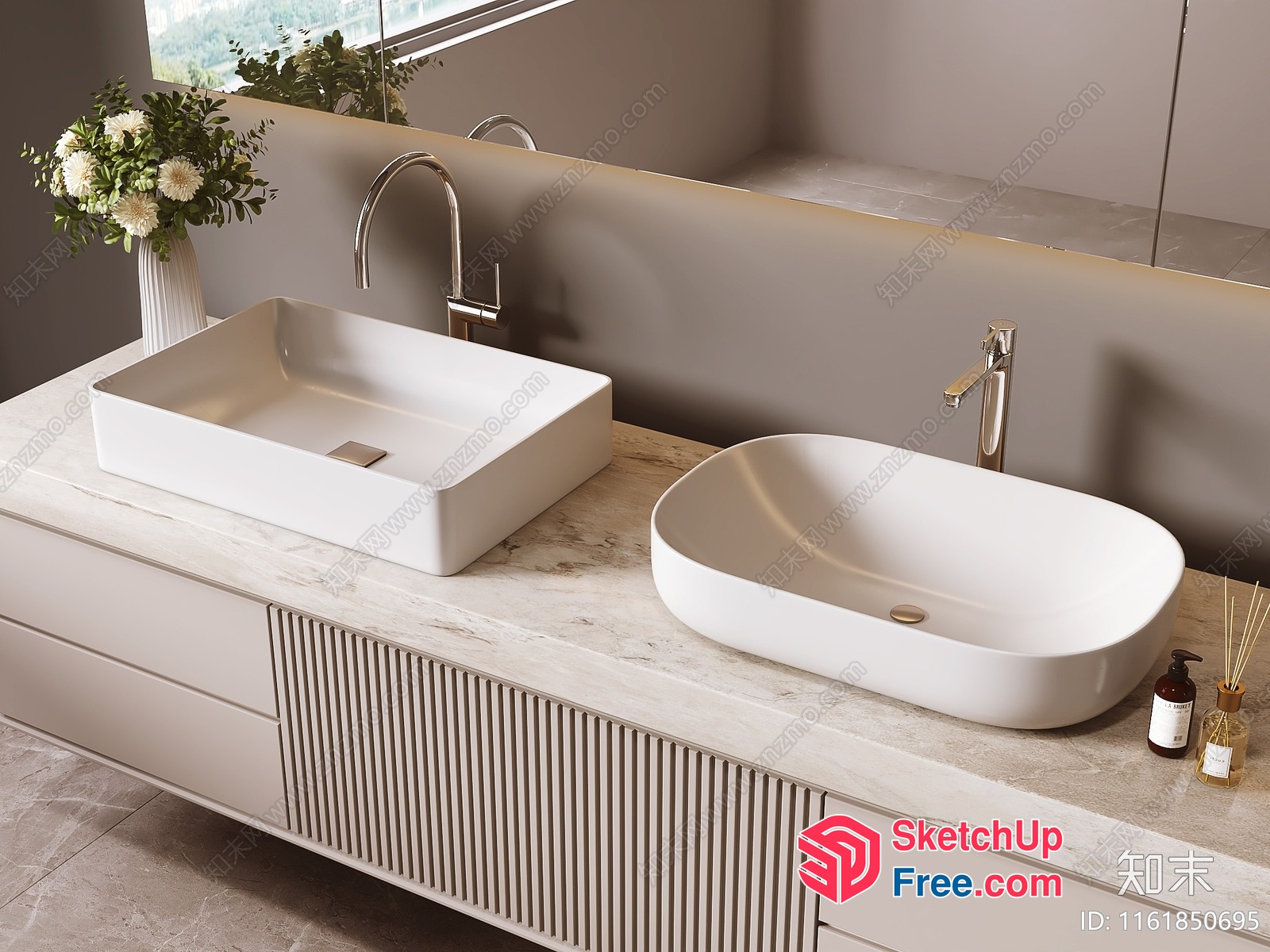 Modern Bathroom Vanity With Two Sinks And Marble Countertop 3D SketchUp File