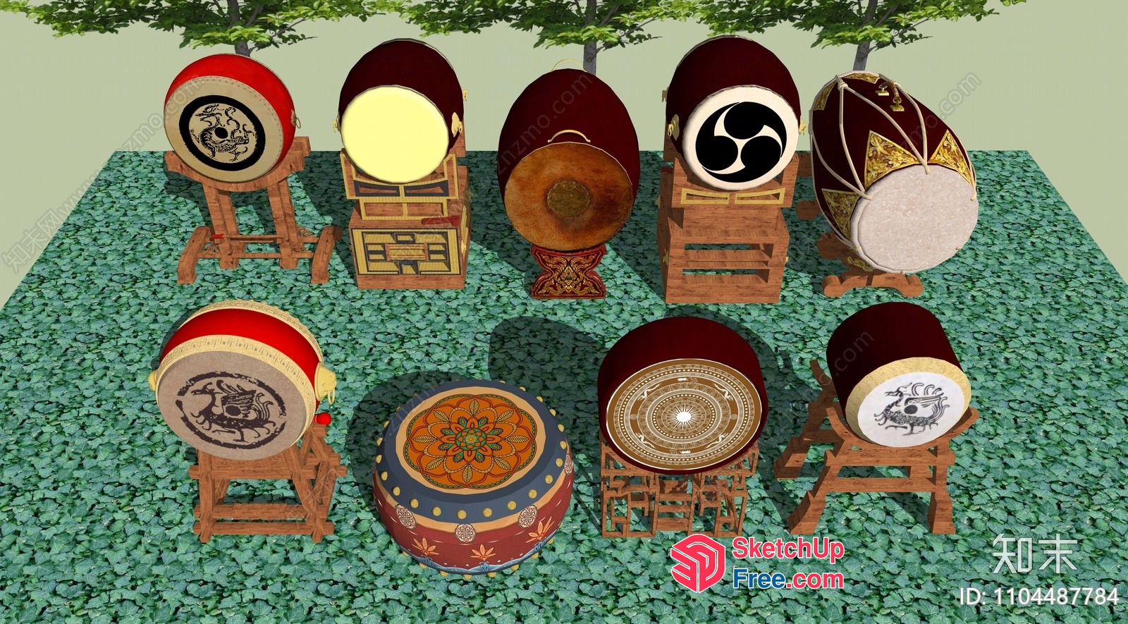 Japanese Traditional Drums Displayed In A Garden Setting 3D SketchUp File