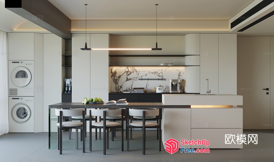 Modern Minimalist Kitchen And Dining Room Interior 3D SketchUp File