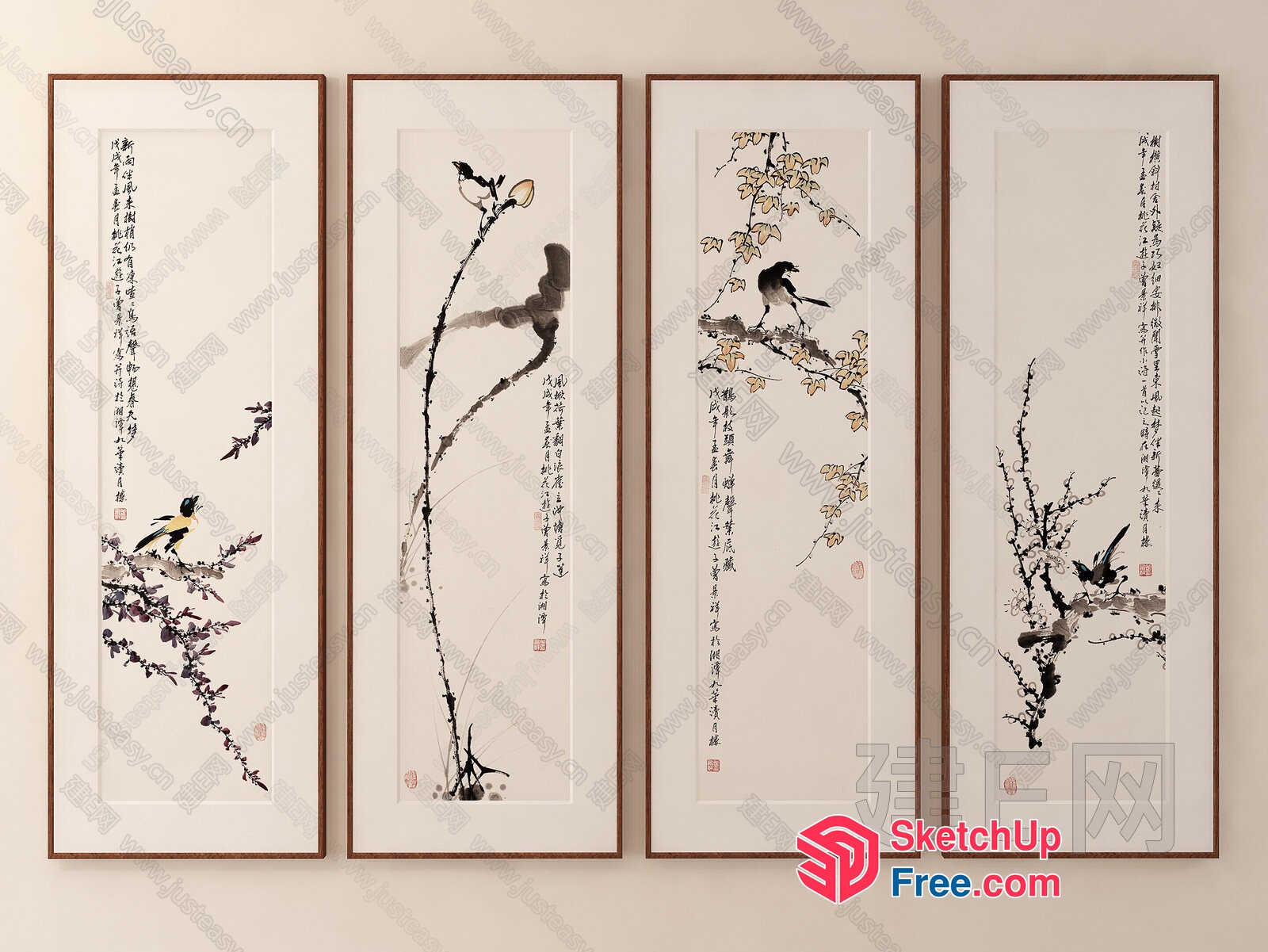 Four Framed Art Pieces Featuring Birds And Branches 3D SketchUp File