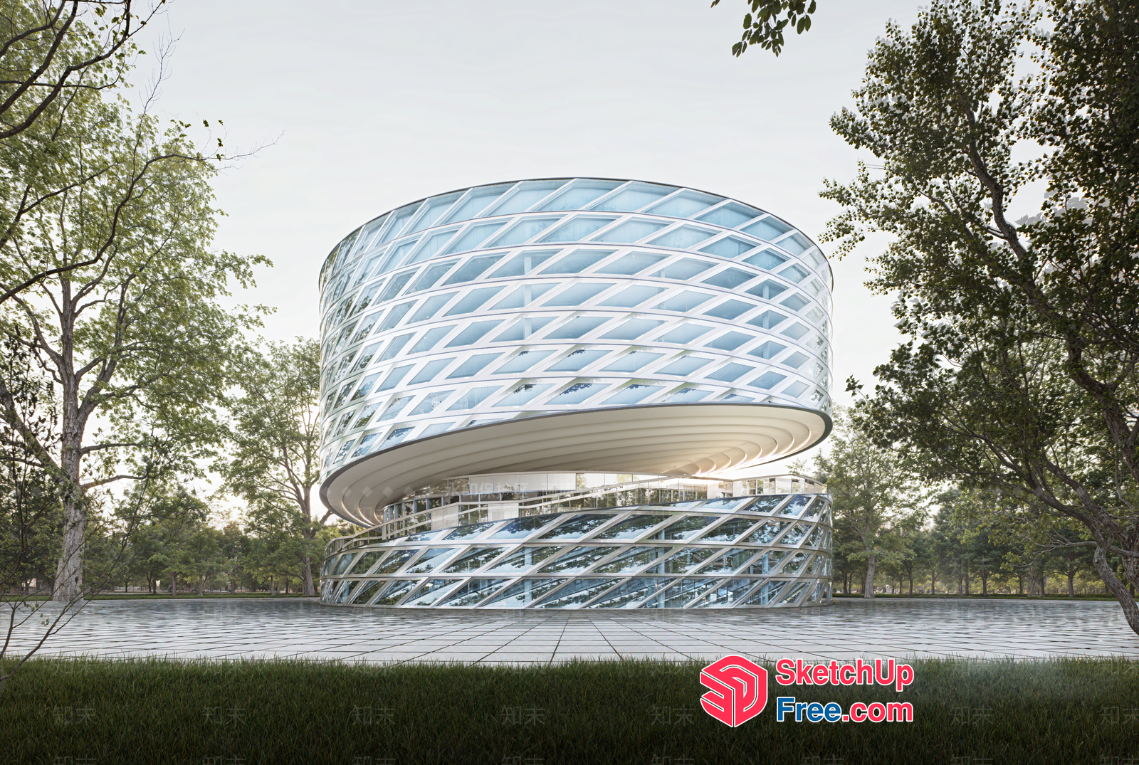 Futuristic Glass Building With Curved Design 3D SketchUp File