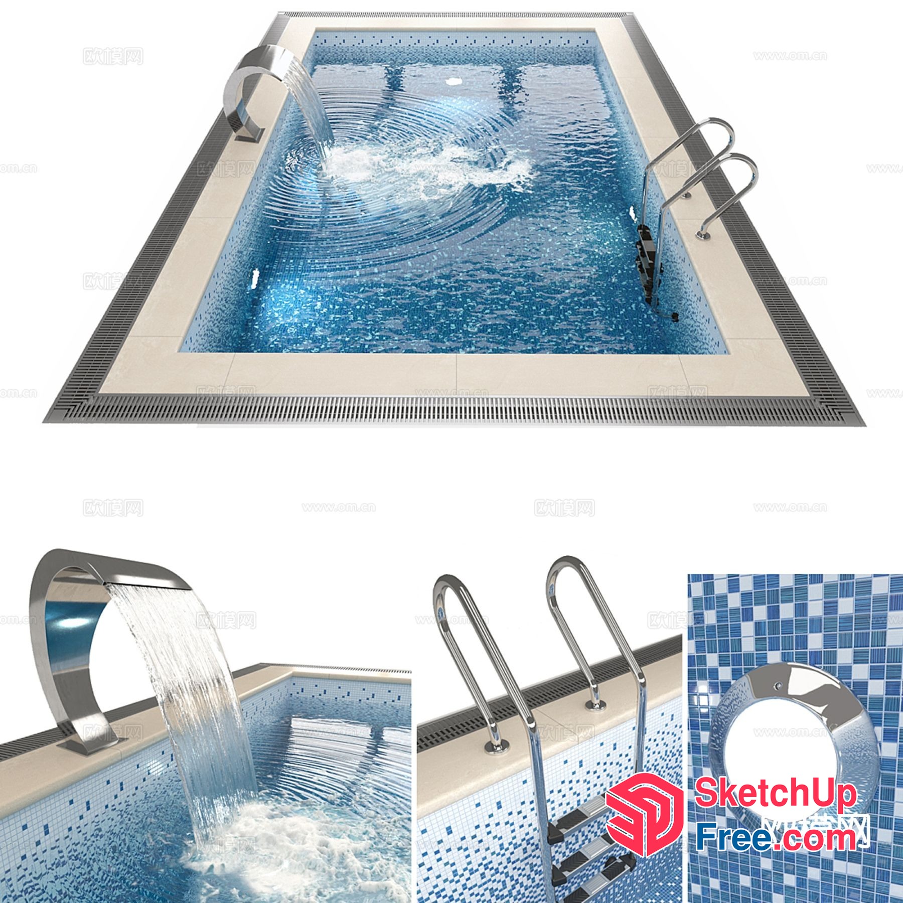 Swimming Pool With Waterfall Feature And Stairs 3D SketchUp File