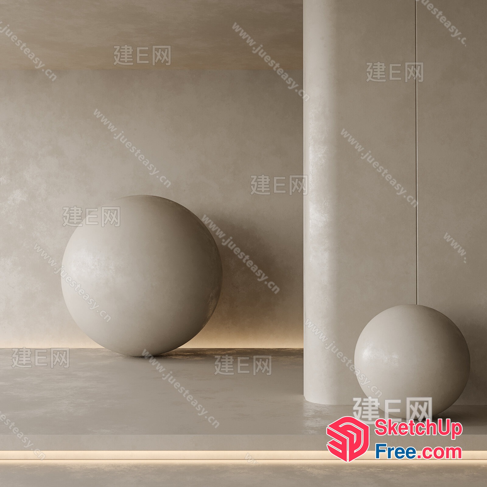 Two Pillars And Two Spheres In A Minimalist Interior 3D SketchUp File