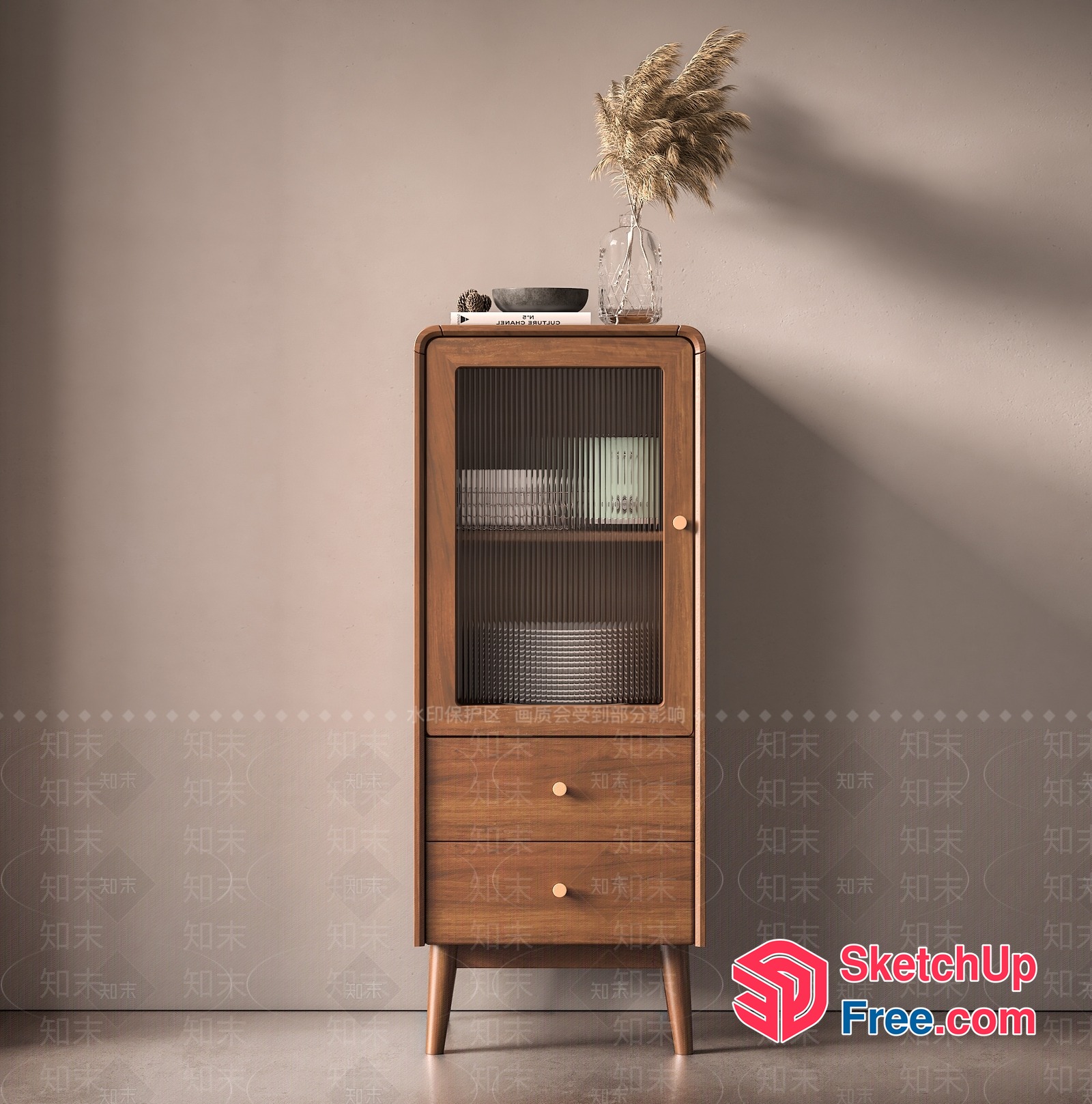 Wooden Cabinet With Glass Door And Drawers 3D SketchUp File