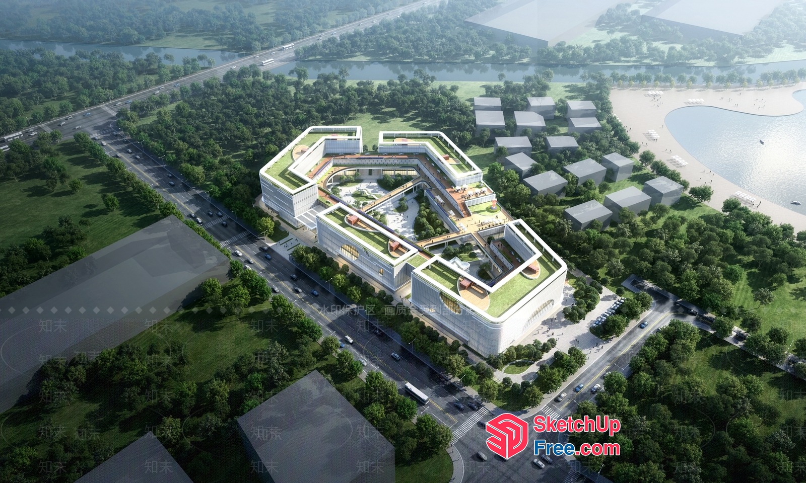 Modern Commercial Complex With Green Roof And Waterfront Views 3D SketchUp File