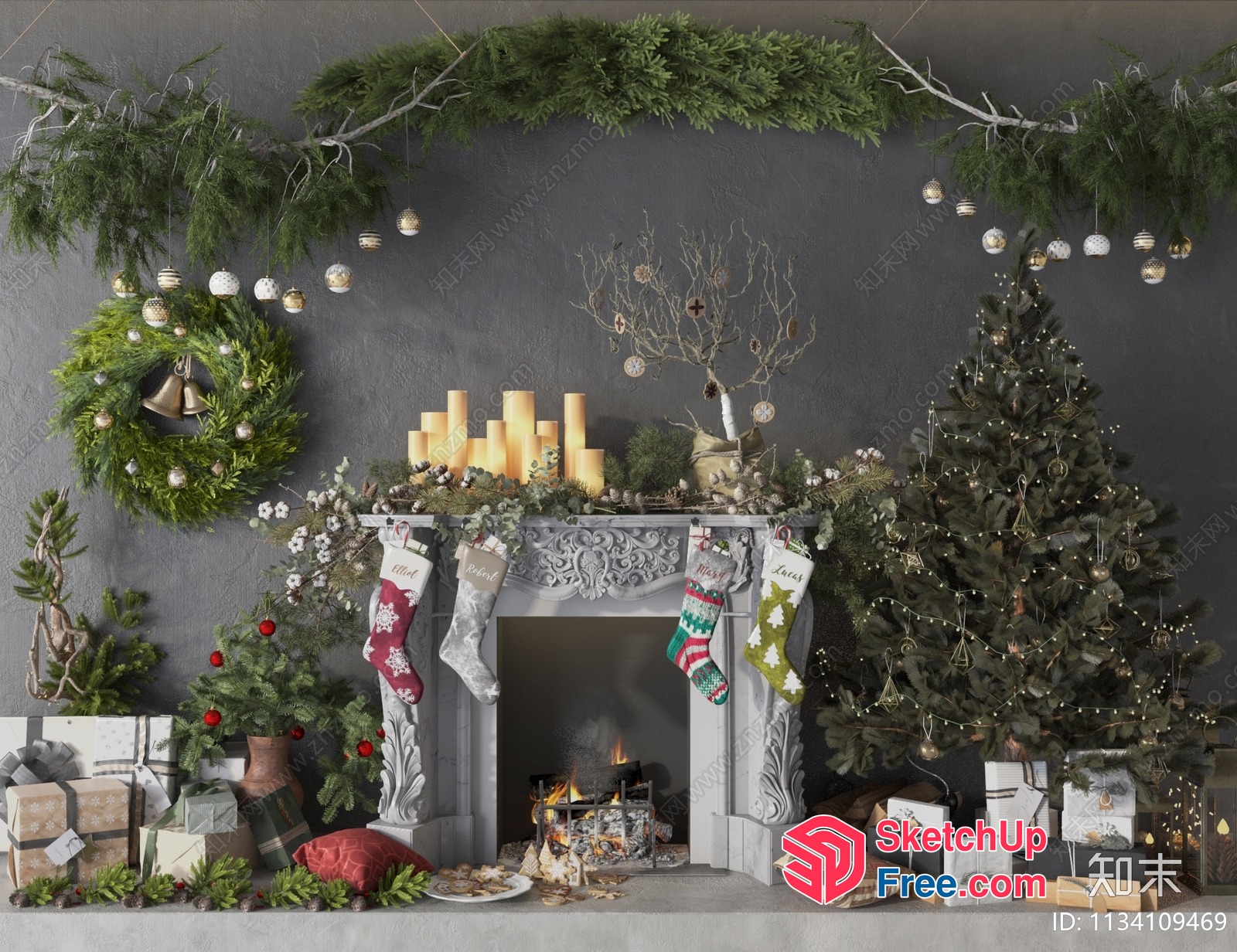 Cozy Christmas Scene With Fireplace And Decorations 3D SketchUp File