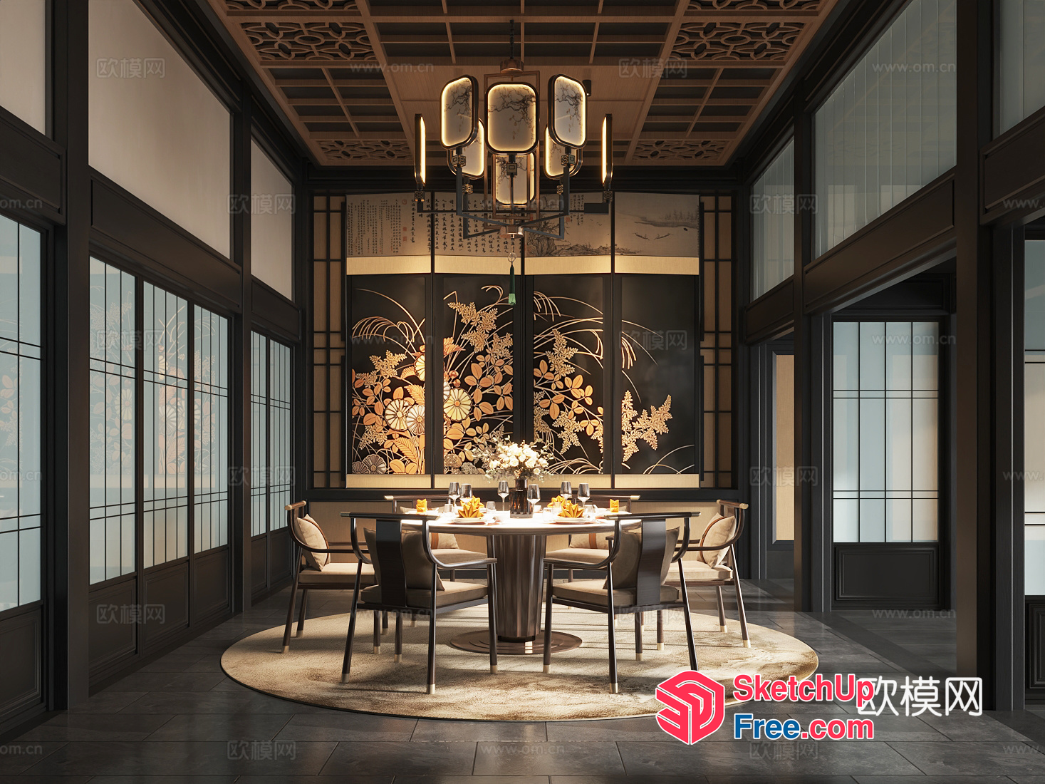 Elegant Japanese Style Dining Room With Modern Touches 3D SketchUp File