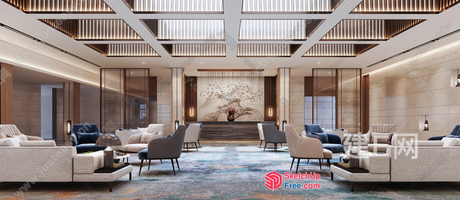 Modern Living Room With High Ceiling And Large Windows 3D SketchUp File