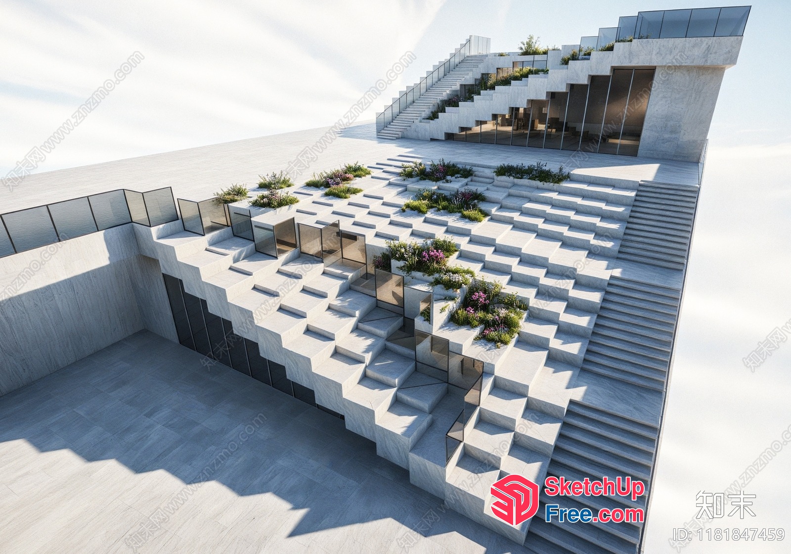Modern Concrete Staircase With Glass Railings And Plants 3D SketchUp File