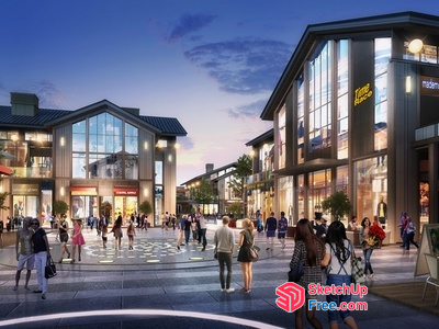 Commercial Street With Modern Architecture And Pedestrians 3D SketchUp File