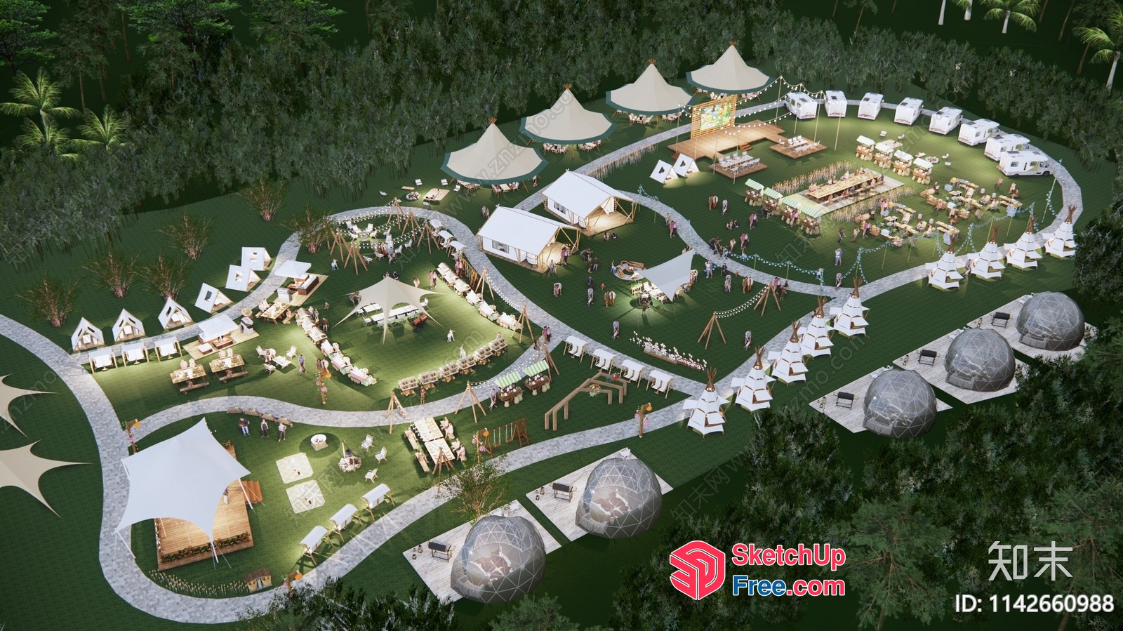 Aerial View Of A Large Outdoor Event Venue With Multiple Tents And Tables 3D SketchUp File
