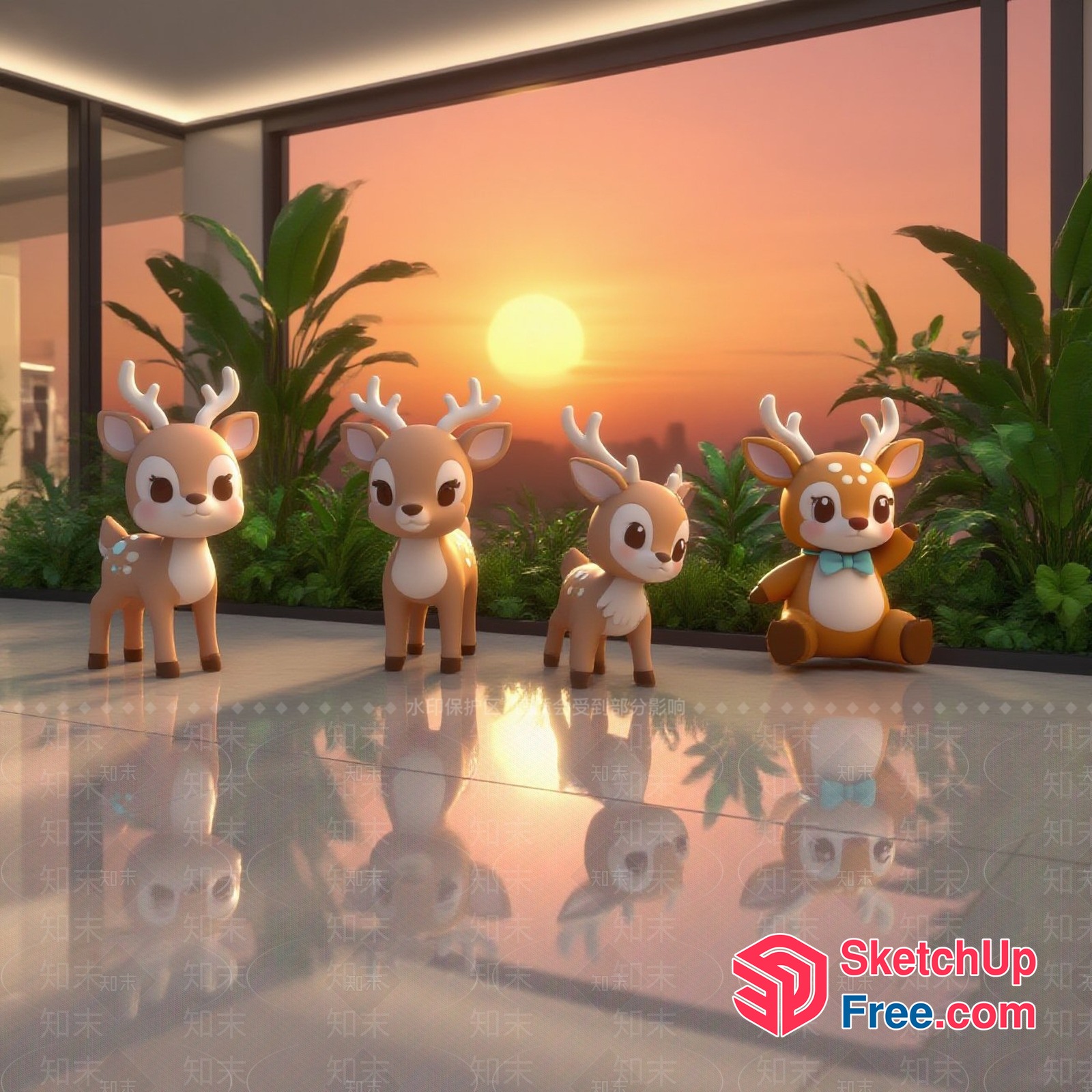 Four Deer Friends In A Modern Building Interior 3D SketchUp File