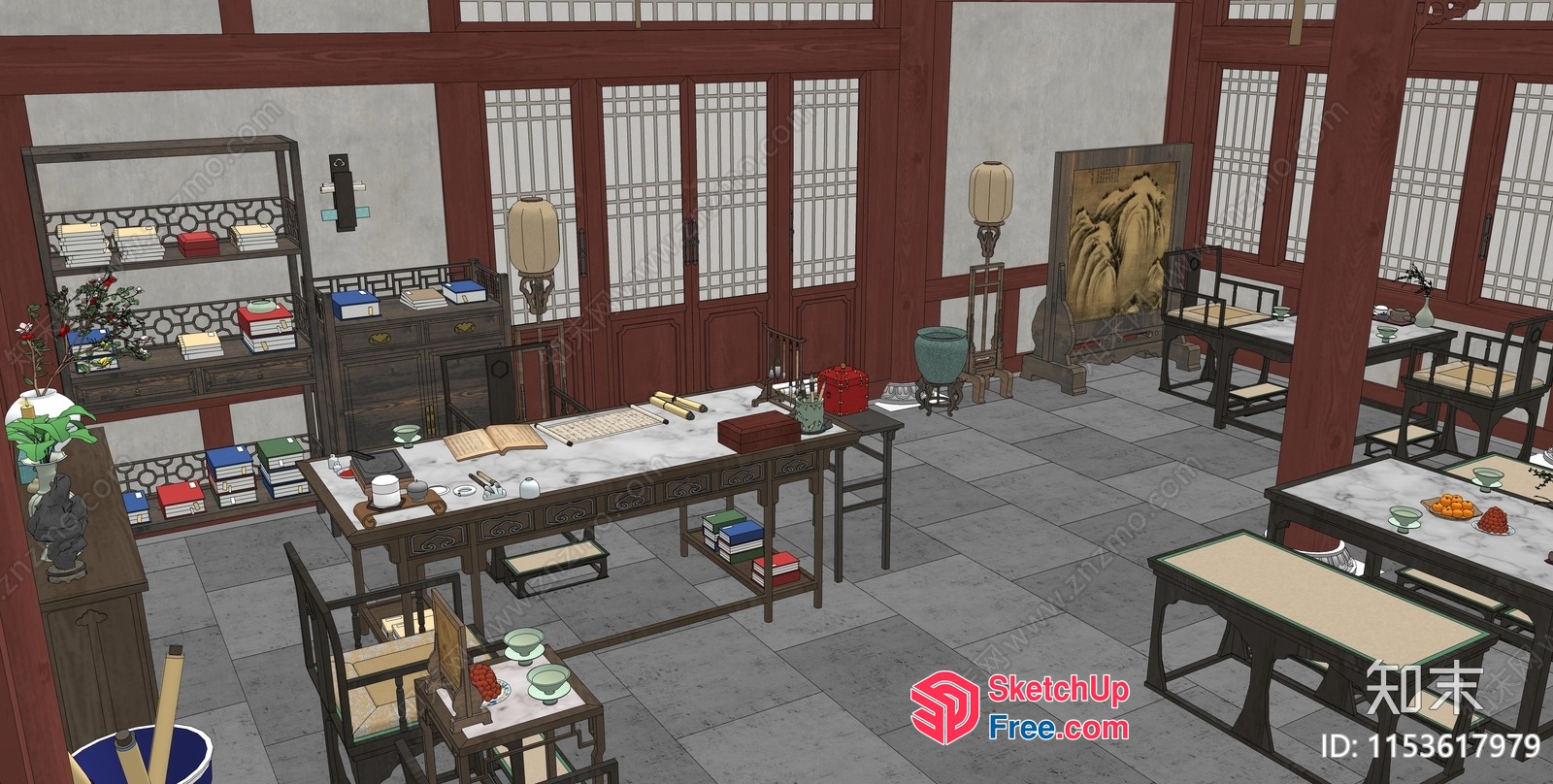 Traditional Asian Study Room With Marble Desk 3D SketchUp File