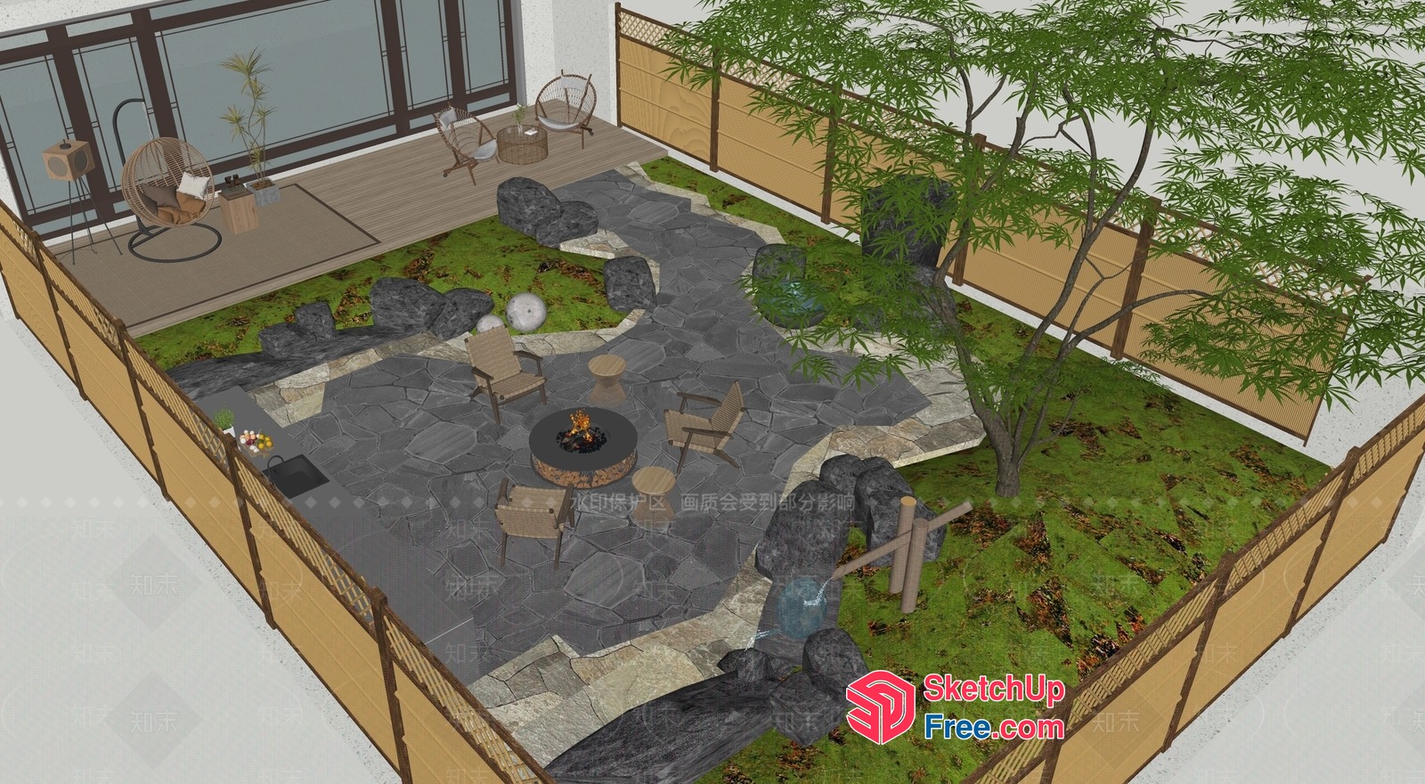 Japanese-Style Outdoor Seating Area With Fireplace 3D SketchUp File