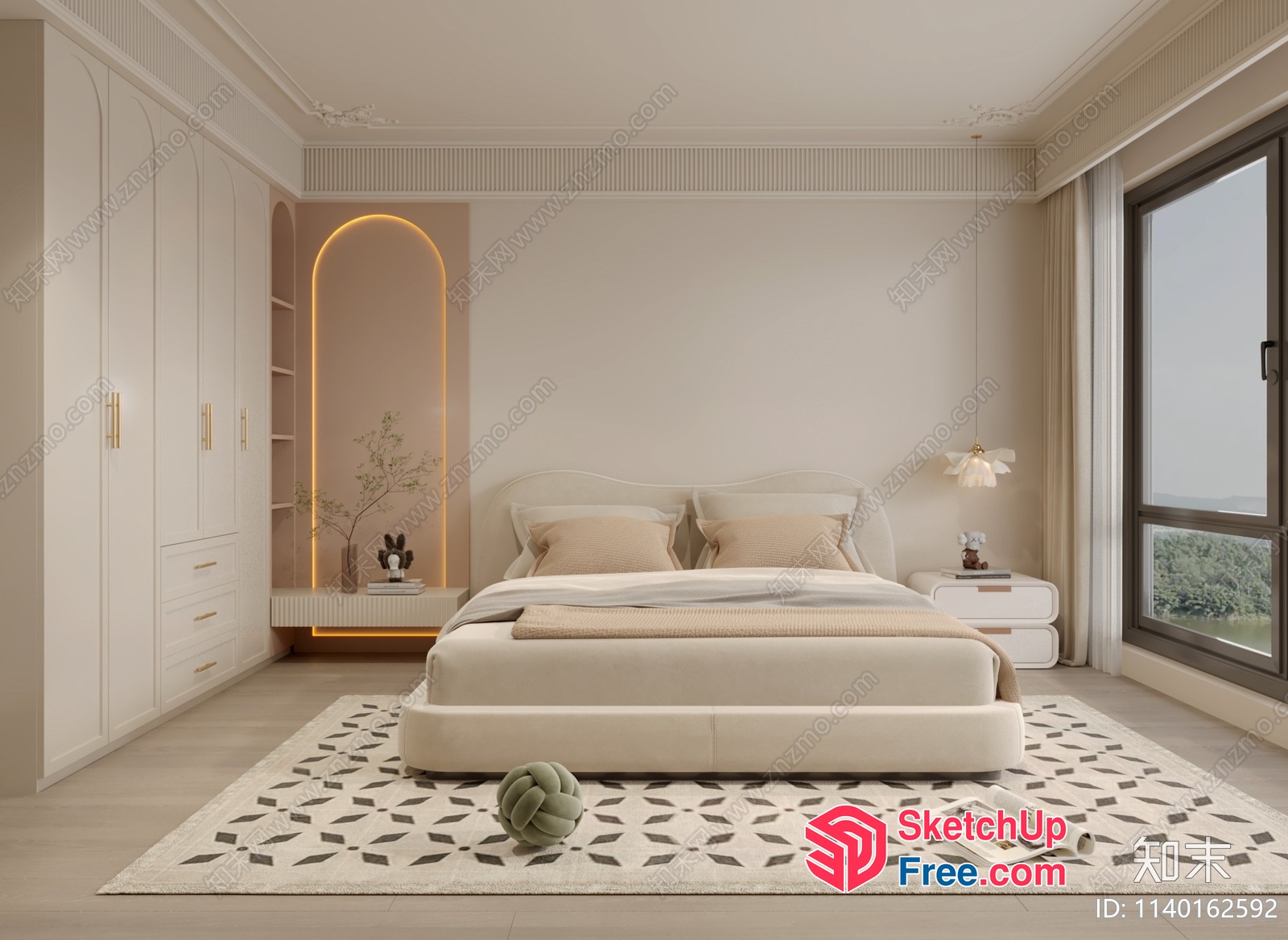 Elegant Creamy Style Bedroom With Modern Furniture And Decor 3D SketchUp File