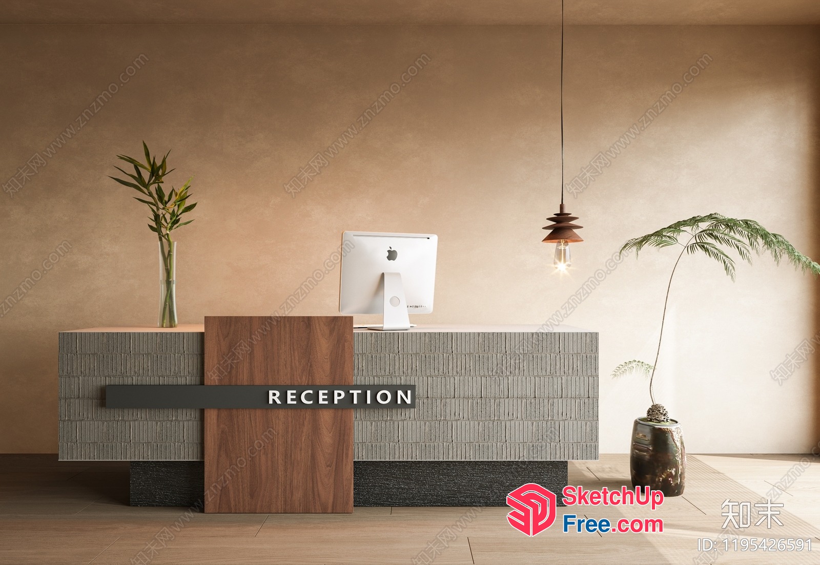 Modern Reception Desk With Wooden Accent And Plant Decor 3D SketchUp File