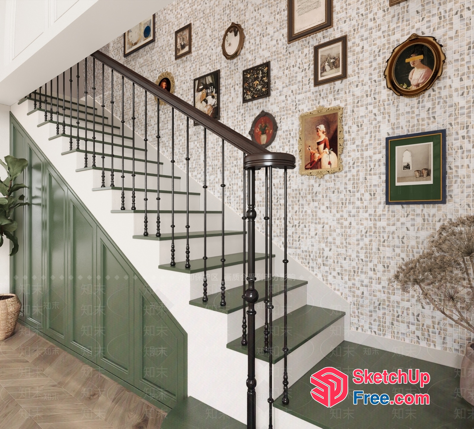 Classic Green Staircase With Elegant Railing And Ornate Wall Art 3D SketchUp File