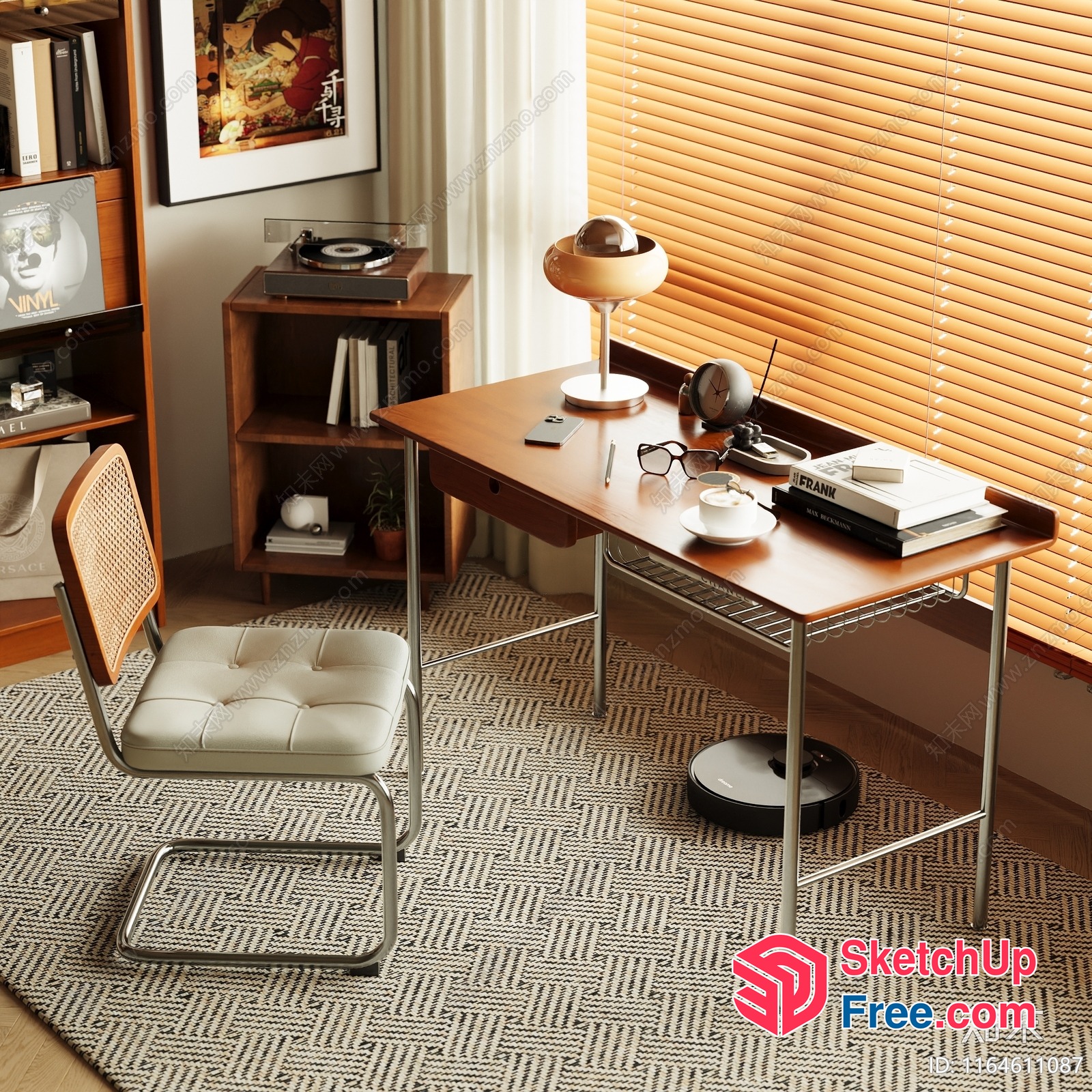 Retro Modern Desk And Chair In Vintage Living Room 3D SketchUp File