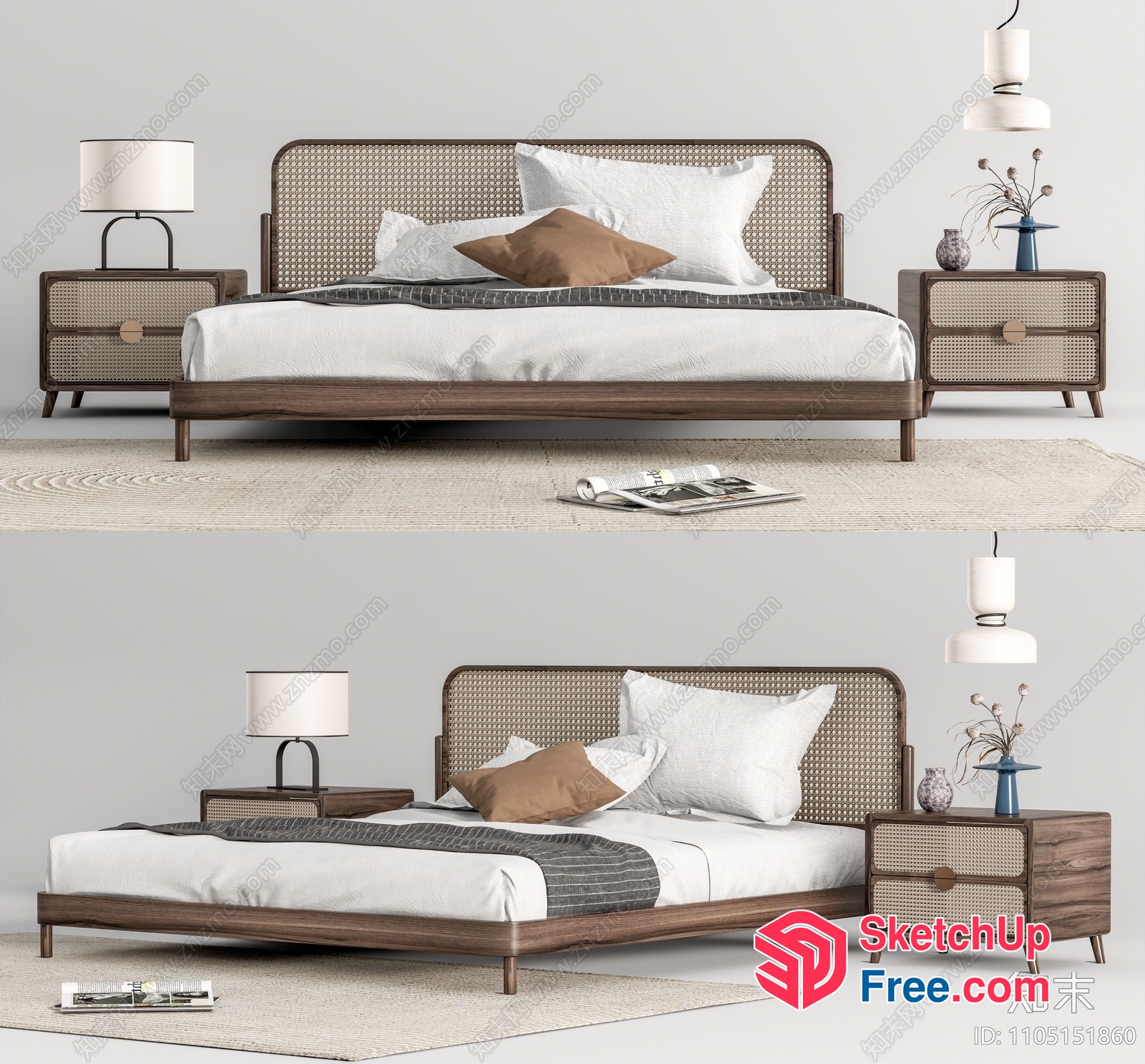Modern Rattan Bed And Bedside Table Set 3D SketchUp File