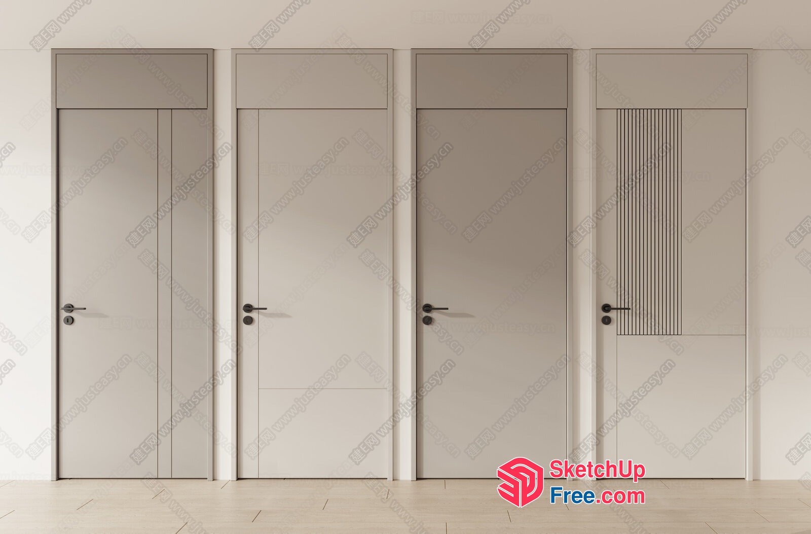 Five Tall Doors With Black Hardware And Handles 3D SketchUp File