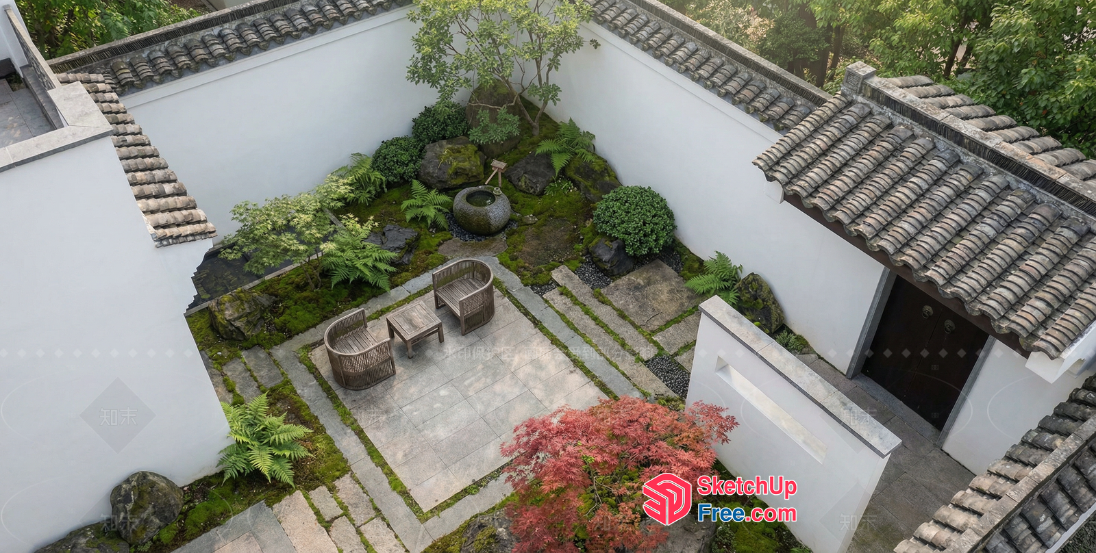 Traditional Japanese Courtyard With Stone Patio And Moss 3D SketchUp File