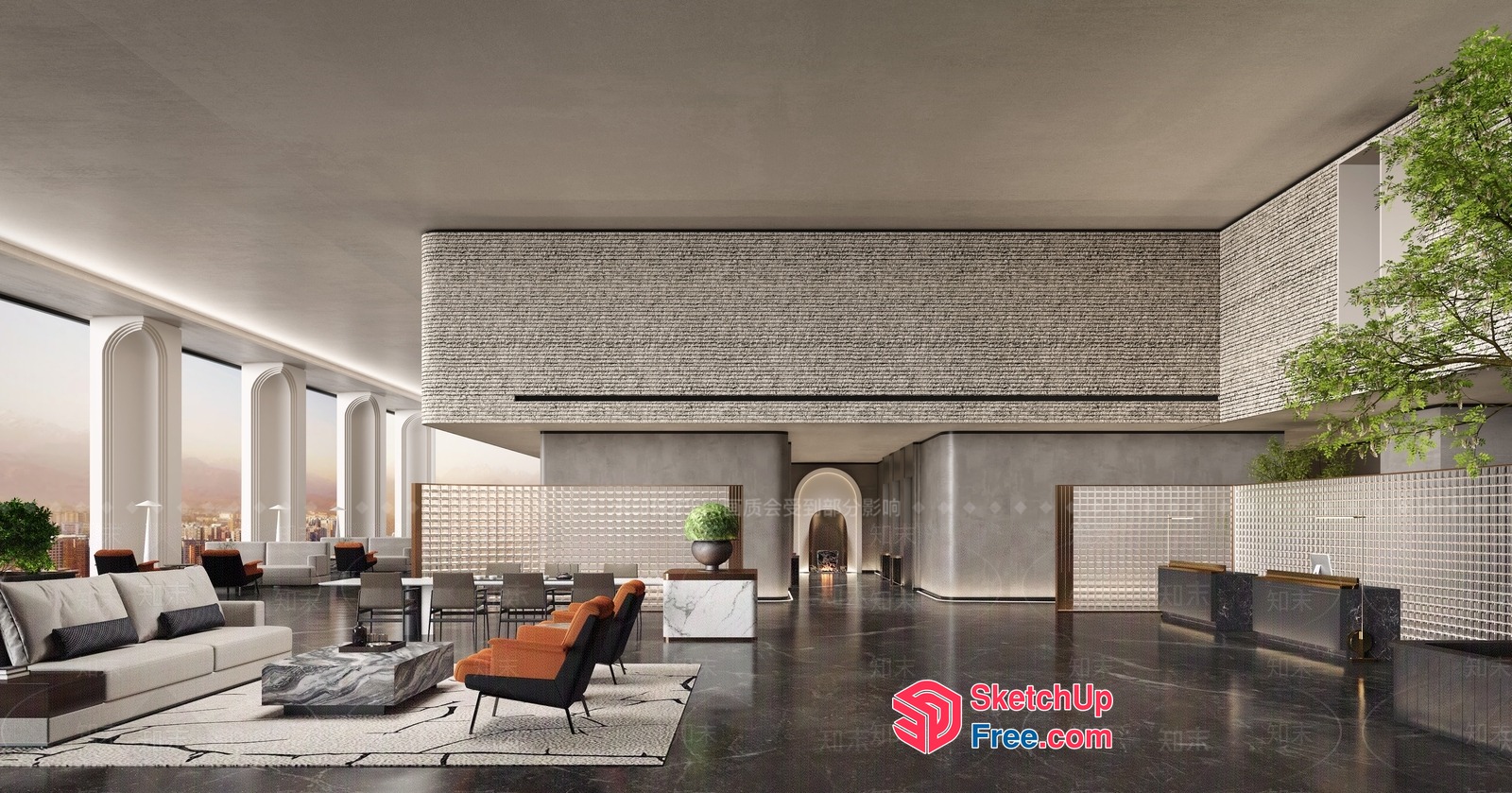Modern Living Room With Large Windows And Pillars 3D SketchUp File