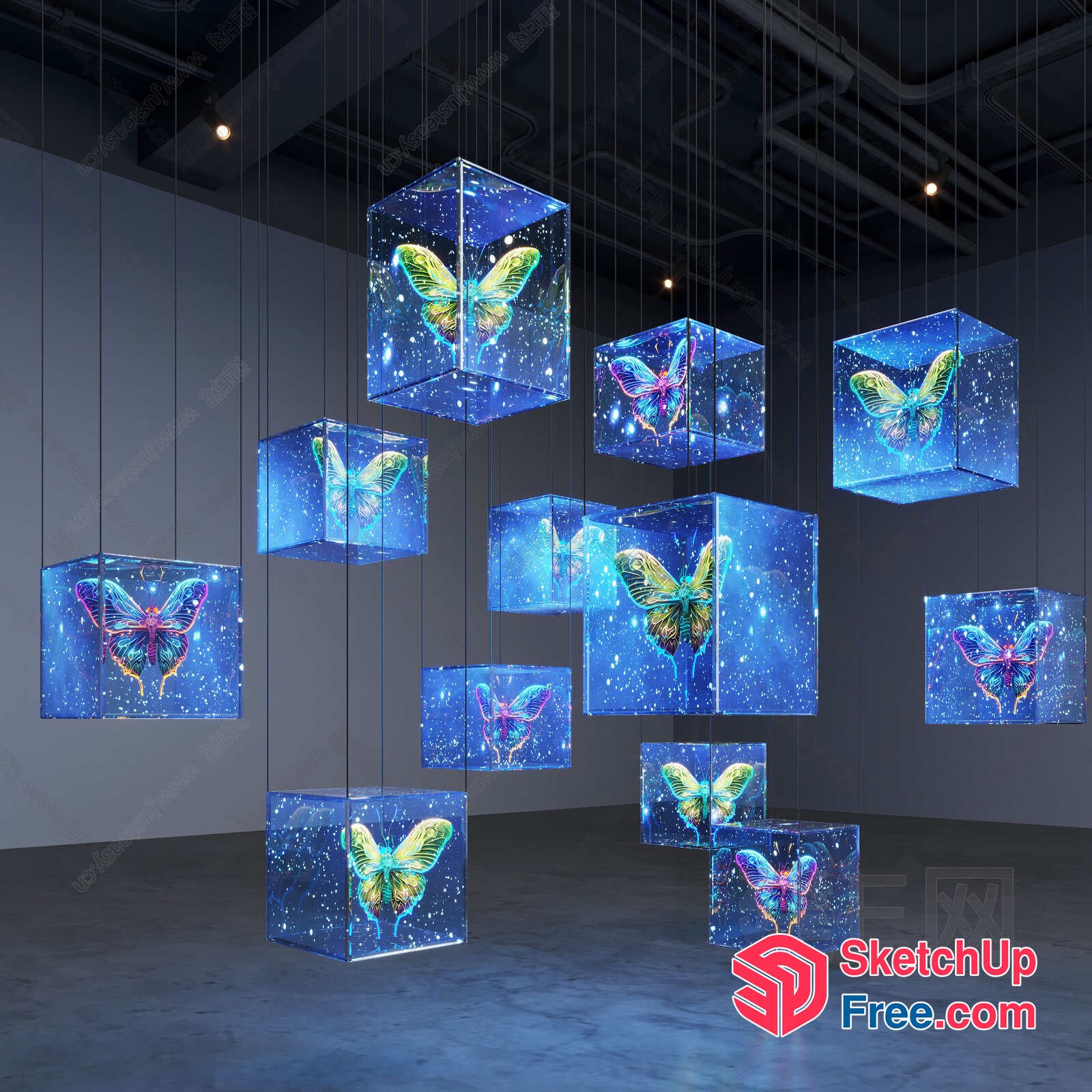 Butterfly-Inspired Glass Cube Chandelier Installation 3D SketchUp File