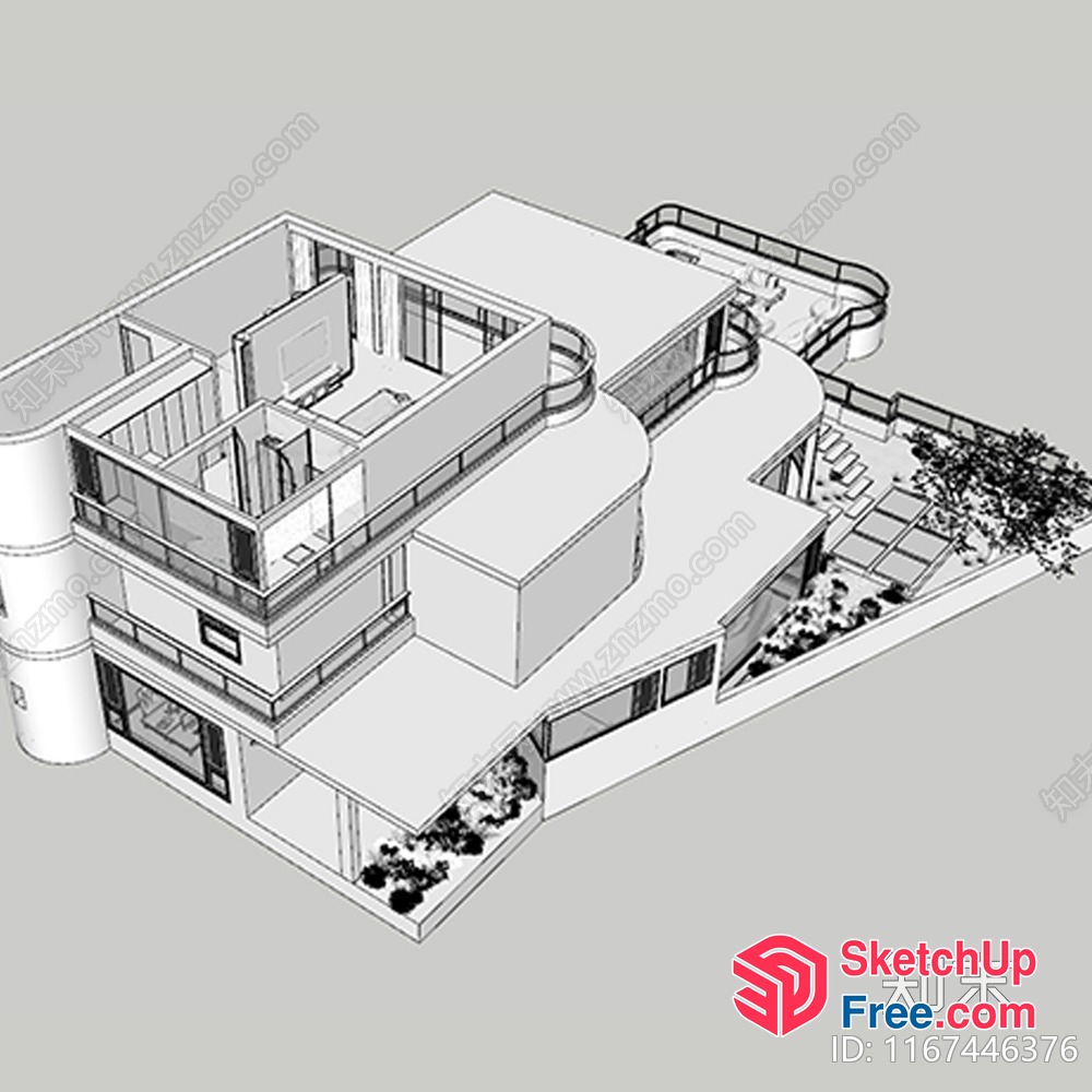 Modern Three-Story Building With Stairs And Balconies 3D SketchUp File