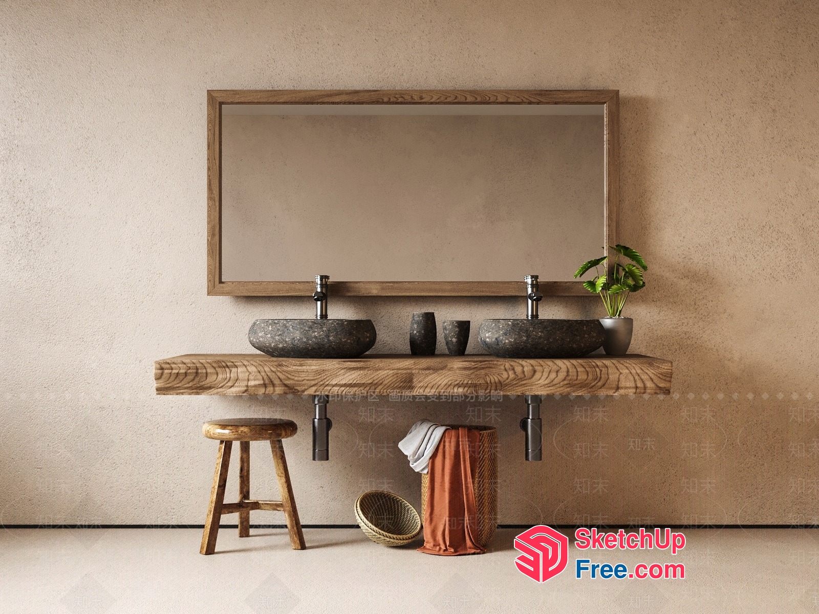 Rustic Wooden Double Sink Vanity 3D SketchUp File