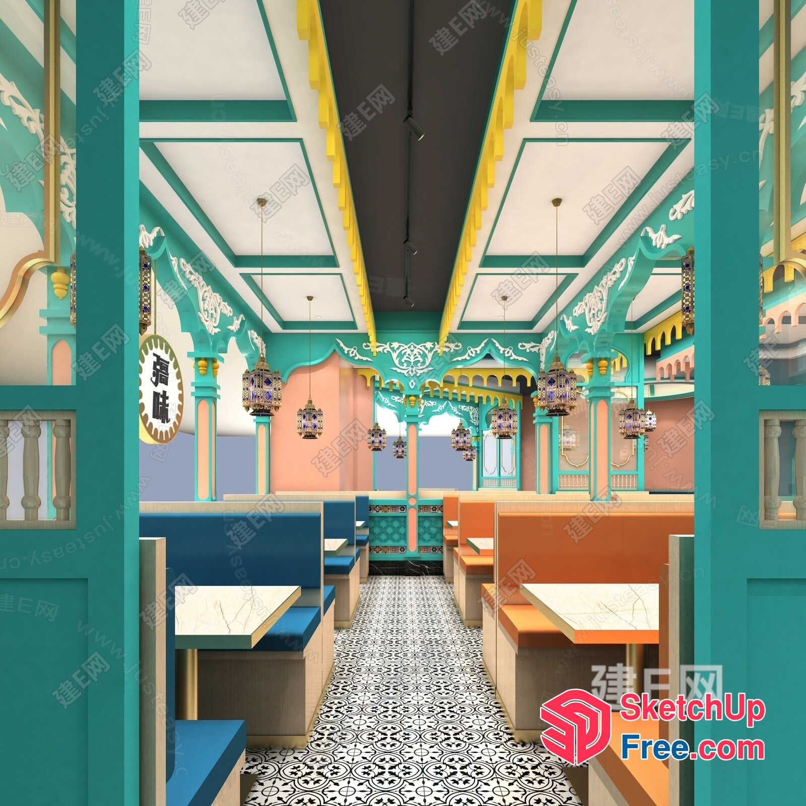 Elegant Restaurant Interior With Ornate Pillars And Ceiling 3D SketchUp File