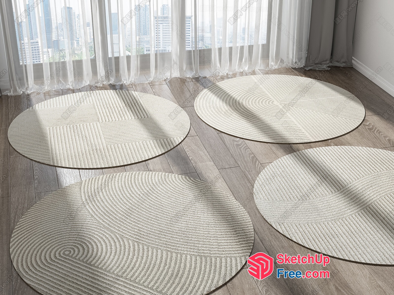 Four White Round Rugs In A Light-Filled Room 3D SketchUp File