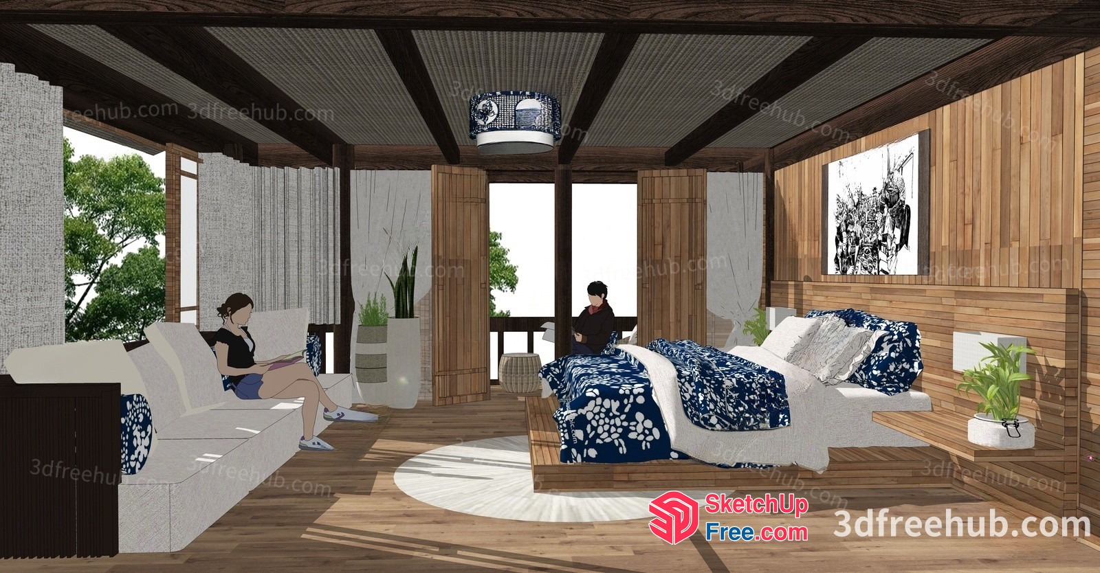 Cozy Bedroom With A Woman Reading And A Man Working 3D SketchUp File