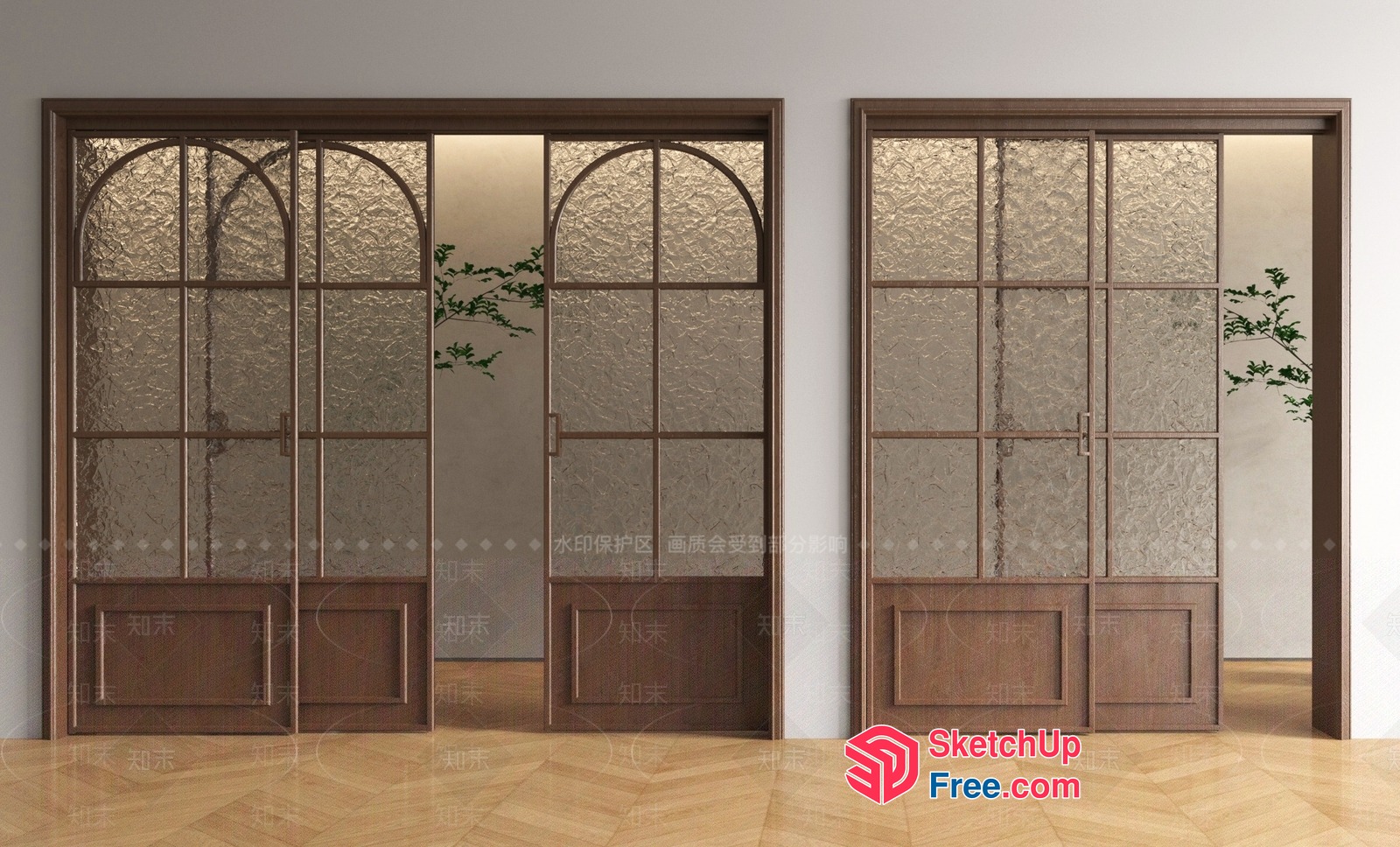 Elegant Sliding Door With Frosted Glass Panels And Arched Top 3D SketchUp File