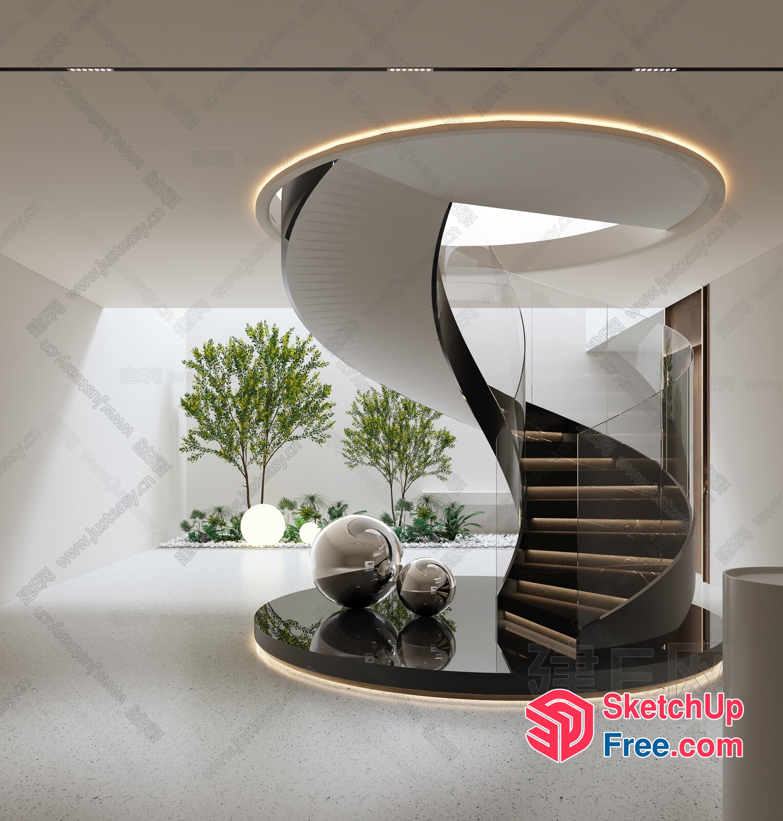 Modern Spiral Staircase In A Sleek White Interior 3D SketchUp File