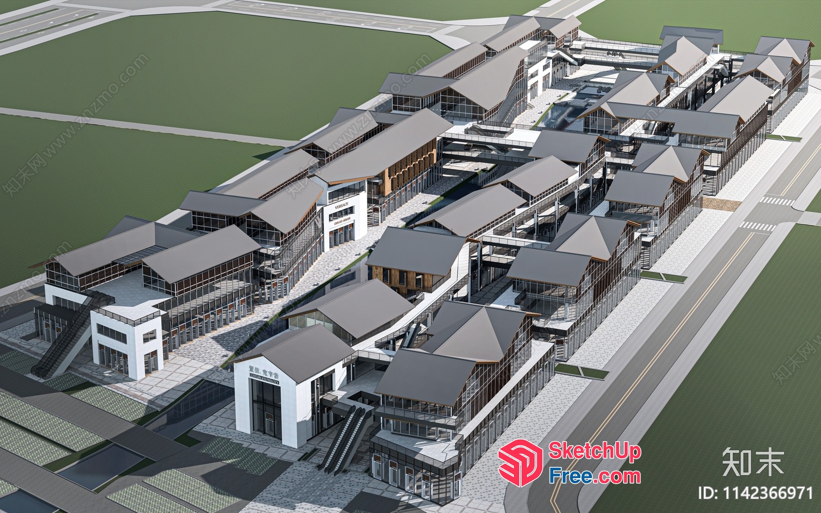 Modern Commercial Building With Glass Curtain Wall And Roof Synthesis 3D SketchUp File