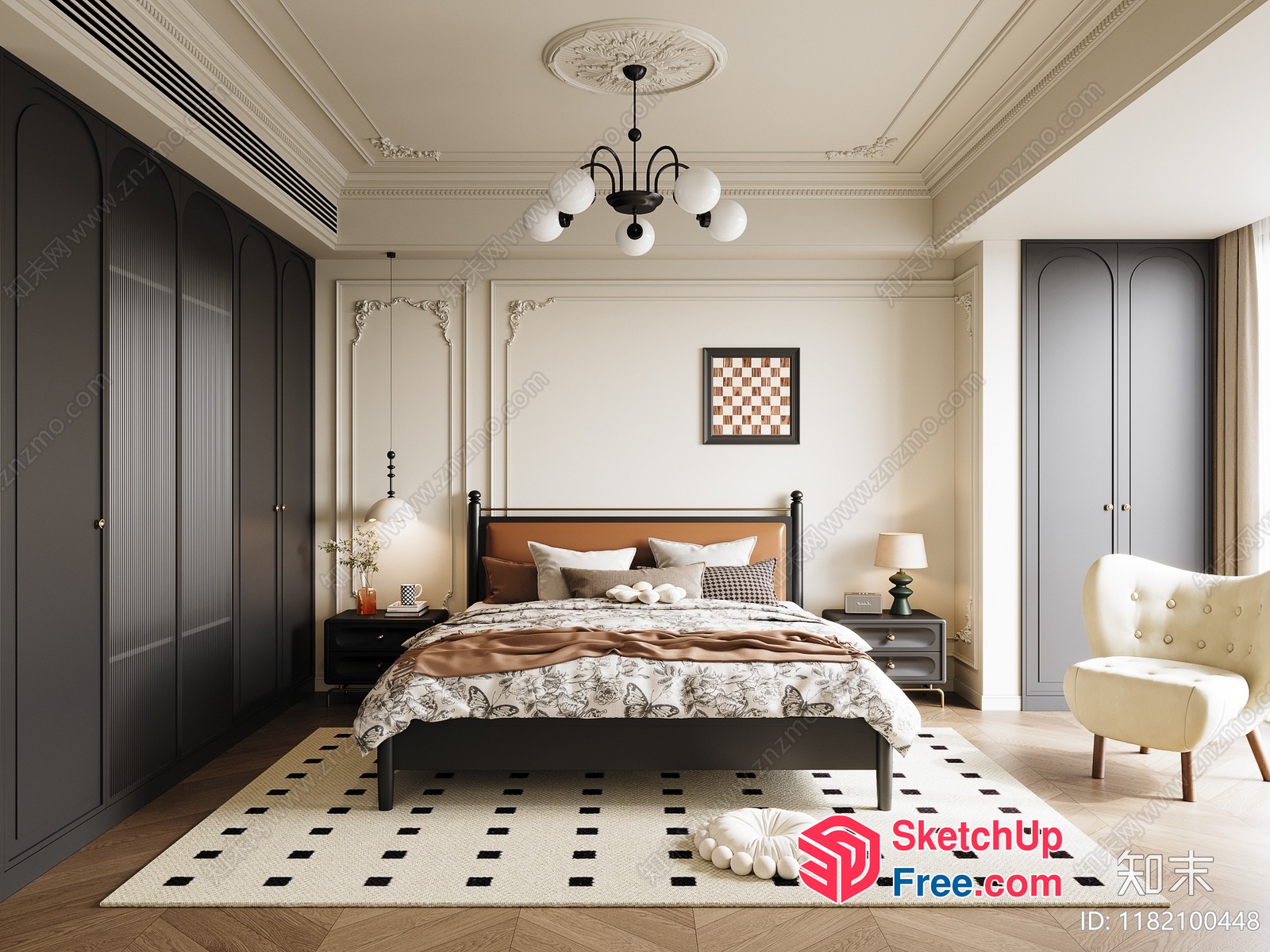 Classic European Style Bedroom With Ornate Ceiling And Pillars 3D SketchUp File