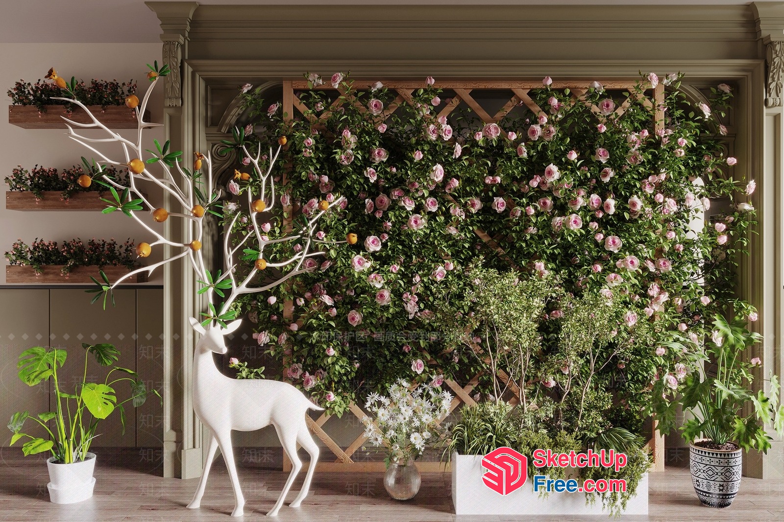 White Deer And Pink Flower Wall Interior 3D SketchUp File