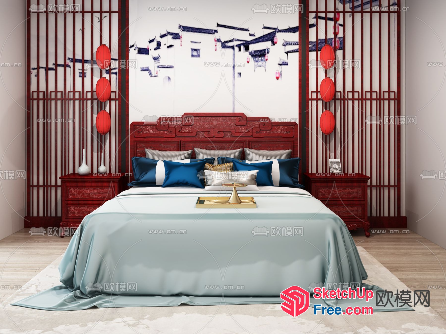Traditional Chinese-Inspired Bedroom Interior 3D SketchUp File