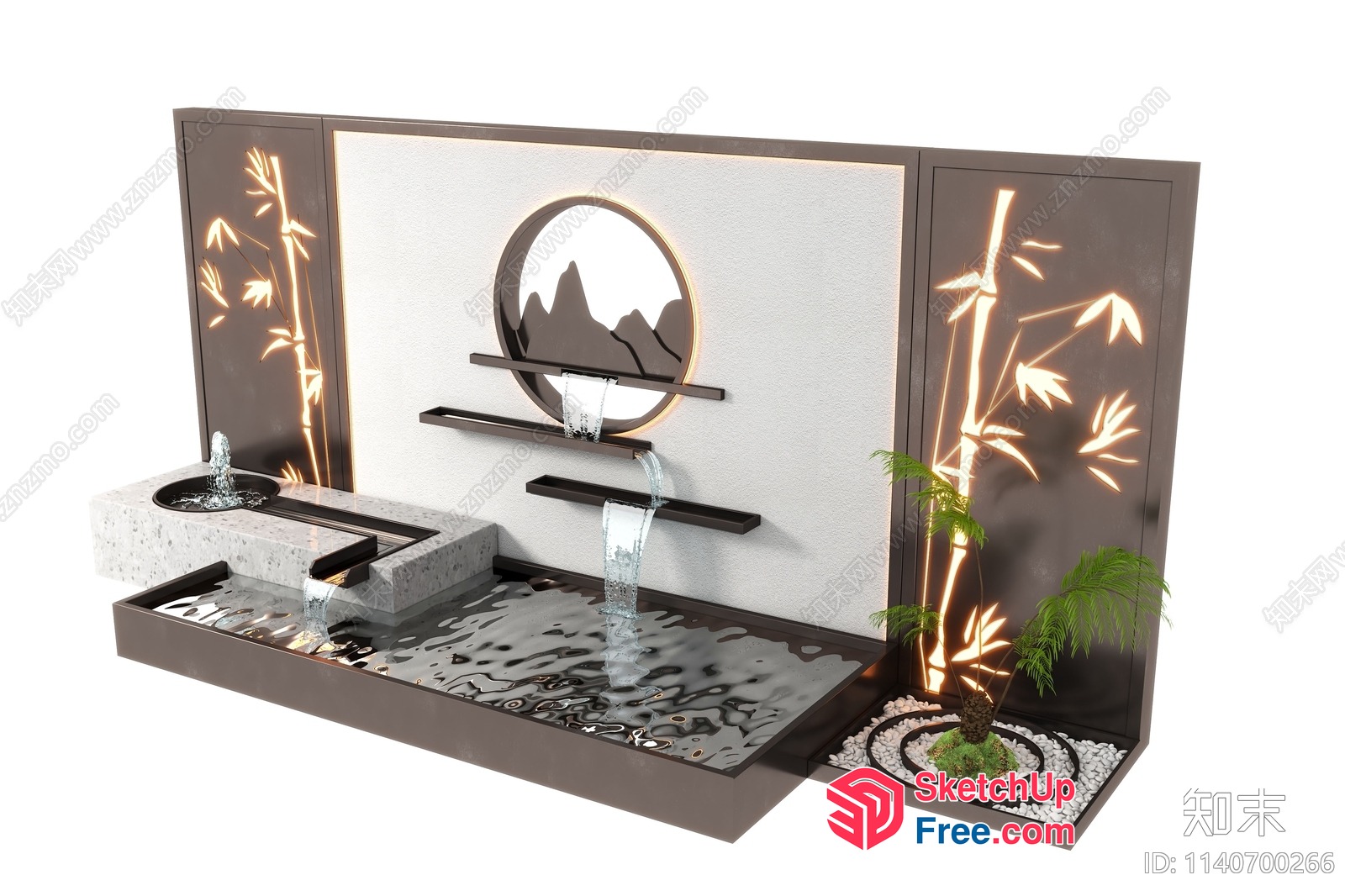 Japanese-Inspired Water Feature With Bamboo Decor 3D SketchUp File
