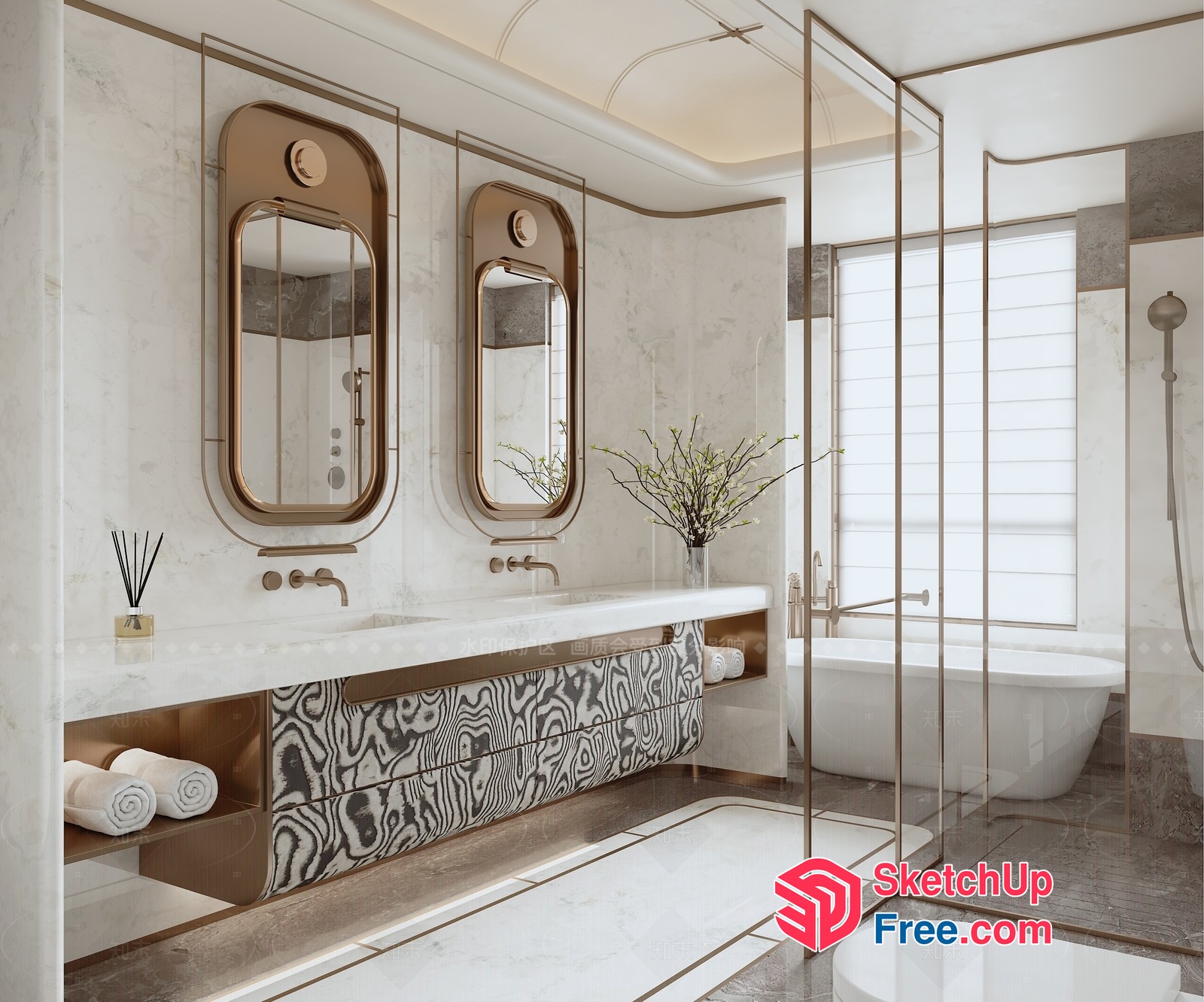 Modern Bathroom With Elegant Marble And Gold Accents 3D SketchUp File