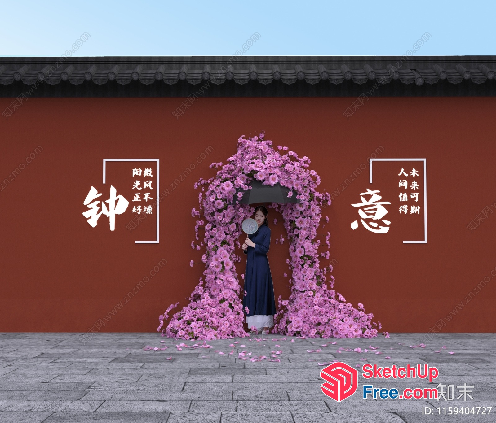 Asian Woman Standing Under An Archway Of Pink Flowers 3D SketchUp File