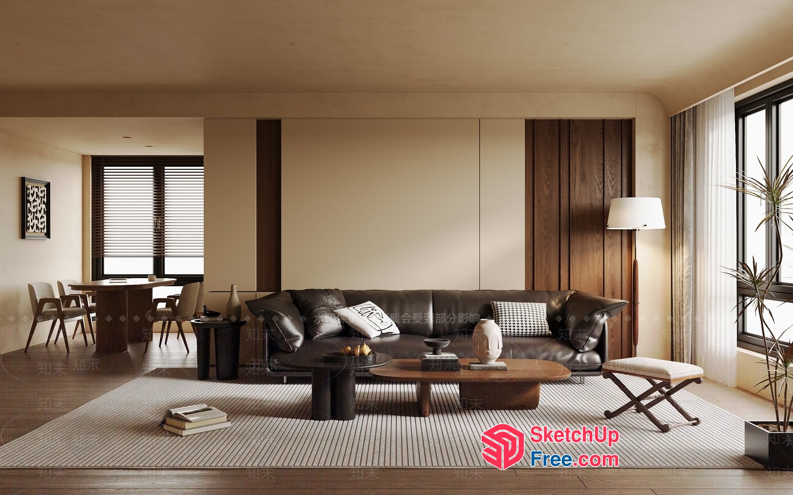 Modern Living Room With Dark Leather Sofa And Wooden Furniture 3D SketchUp File