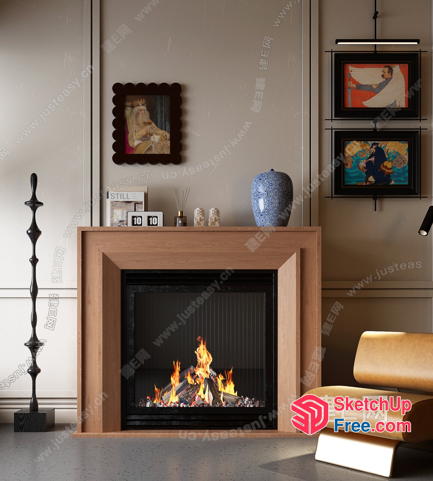 Contemporary Fireplace With Modern Artwork 3D SketchUp File