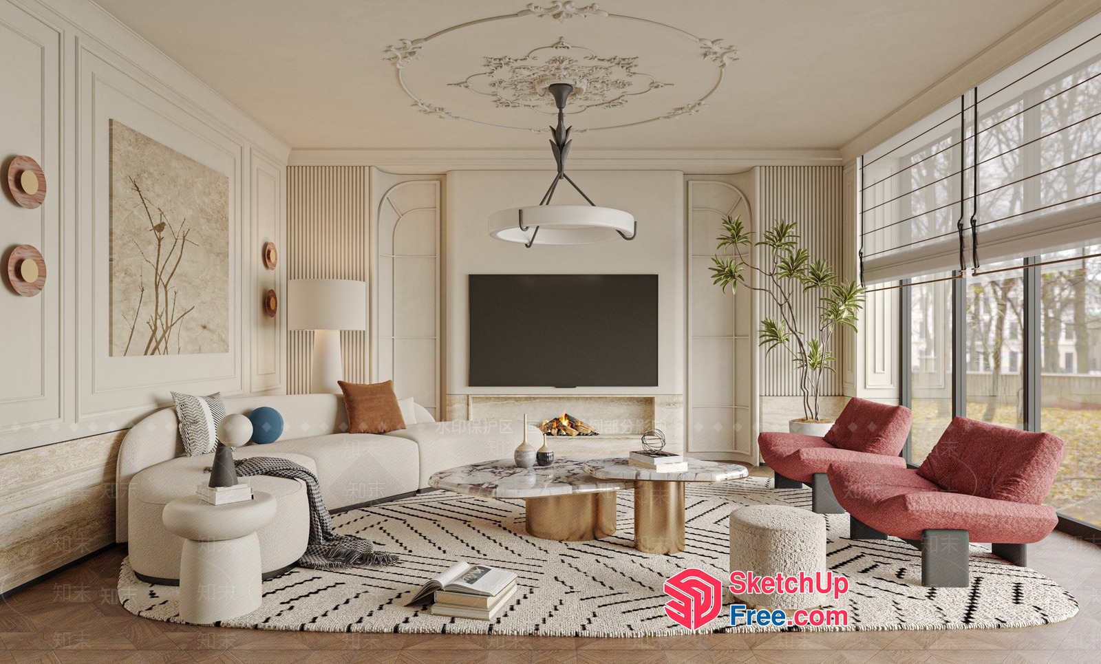 Elegant Modern Living Room With Creamy And Neutral Tones 3D SketchUp File