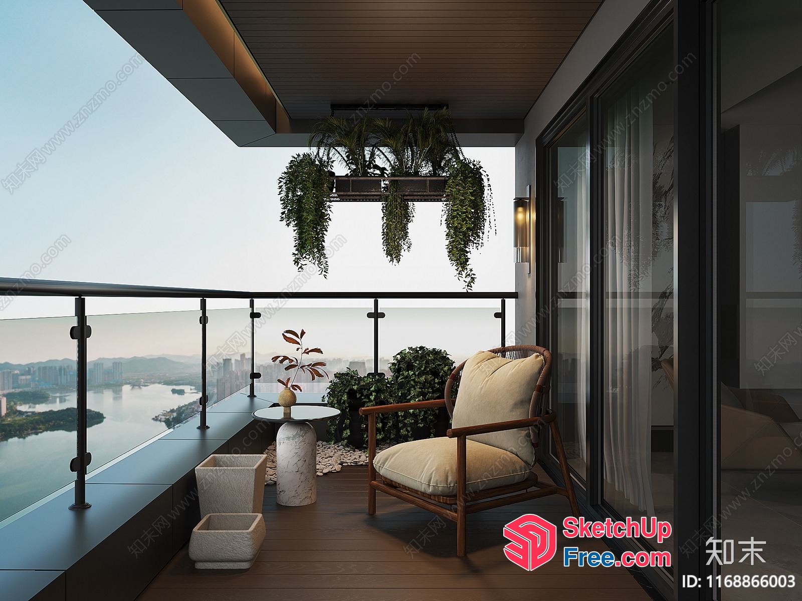 Modern Balcony With Glass Railing And City View 3D SketchUp File