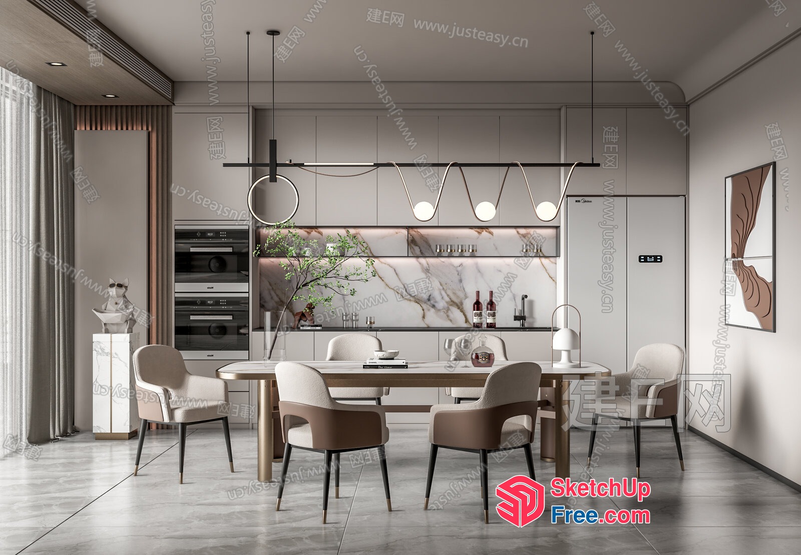 Modern Minimalist Dining Room With White And Brown Decor 3D SketchUp File