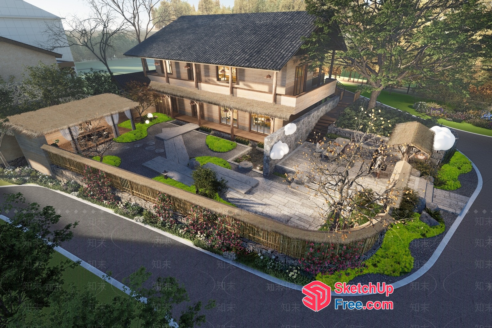 Luxurious Japanese-Style Villa With Elegant Exterior Decor 3D SketchUp File