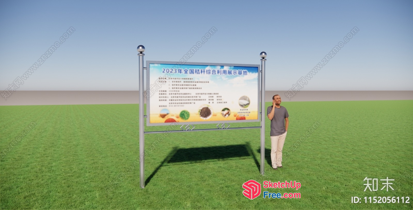Man Standing Near Large Outdoor Sign In Green Grass Field 3D SketchUp File